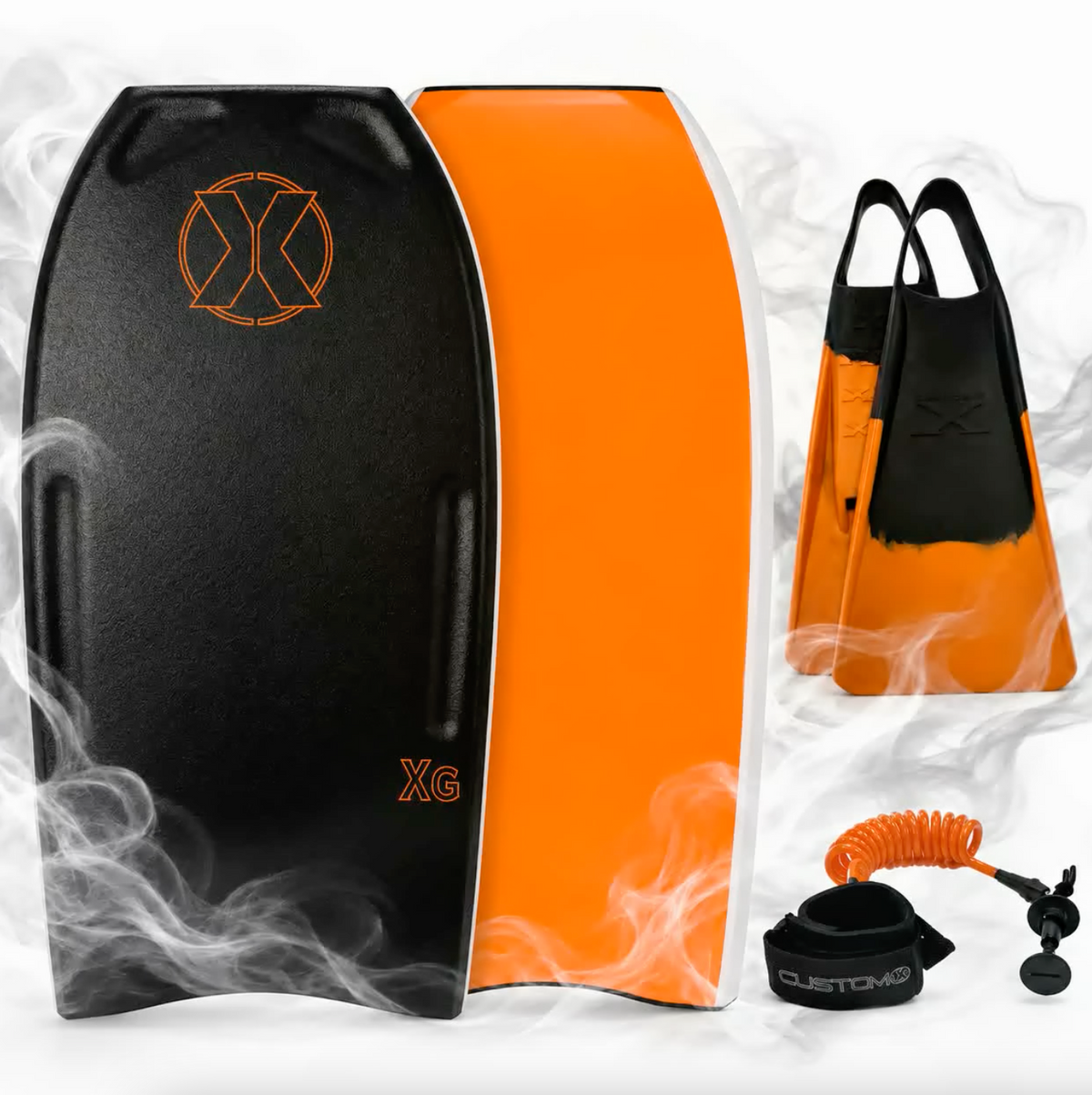 Black-deck XG bodyboard with orange bottom and white rails, Black/Orange fins, and a black-cuff orange-coil leash.
